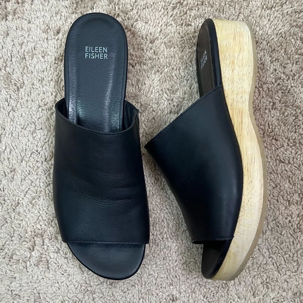 Eileen Fisher Size 11 Novel Black Leather Platform Wooden Clog Slide Sandals - Picture 7 of 16